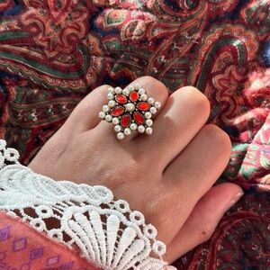 New | Indian Vintage Red Pearl Oxidized Adjustable Ring